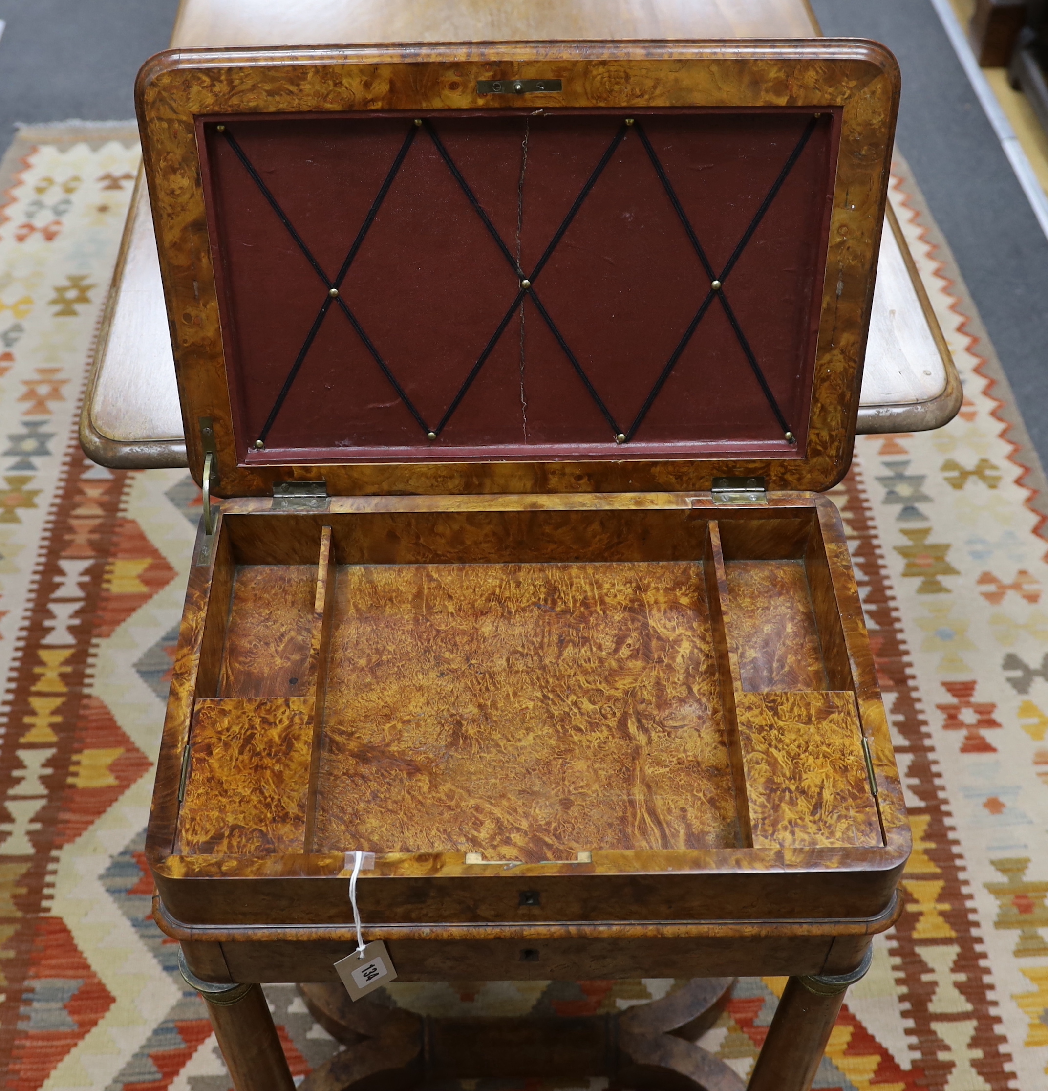 A 19th century Biedermeier gilt metal mounted burr maple writing table, width 52cm, depth 35cm, height 76cm